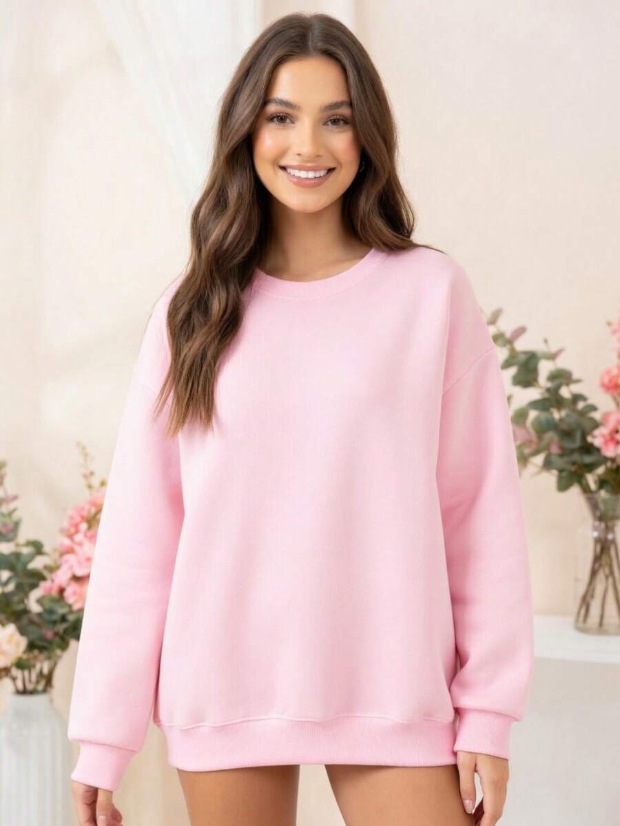 Plain Crew Neck Sweatshirt With No Print, Stylish Tumblr Style For Cold Winters - Baby Pink - View 1