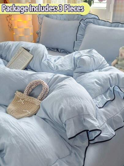 Ruffled Black Trim Princess Style Bedding Set (1 Duvet Cover + 2 Pillowcases), Soft & Comfortable 100% Polyester Fabric, Suitable For Bedroom, Guest Room, Great As Gift