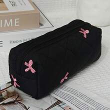 1个可爱粉色蝴蝶结化妆包，黑色绗缝底座化妆工具袋，柔软面料，旅行必备，手提包，适合居家收纳，收纳袋，节日礼物，化妆包，旅行必备 - 黑色 - 查看 13