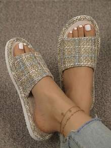 女士新款亚麻图案室内平底拖鞋，夏季防滑加厚舒适亚麻平底凉鞋，软底毛绒拖鞋 - 綠色 - 查看 10