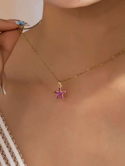 1 Mặt dây chuyền hình sao biển màu hồng đính đá Zirconia cho nữ - Dây chuyền thép không gỉ tối giản với mặt dây hình sao biển - Trang sức mùa hè chủ đề biển cả, thích hợp đeo hàng ngày và đi nghỉ mát.