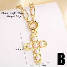 优雅女士大号仿珍珠十字架项链，铜镀金回形针链，个性项链首饰 - 金黃色 - 查看 7