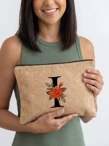 1pc A-Z Letter & Floral Print Cosmetic Bag, Lightweight Travel Toiletry Organizer - Multicolor - View 15