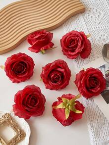 6pcs 3.9 Inch Artificial Silk Rose Bouquet, Fake Flowers For Wedding Decor, Floral Wreath, Home & Kitchen Decoration - Red - View 3