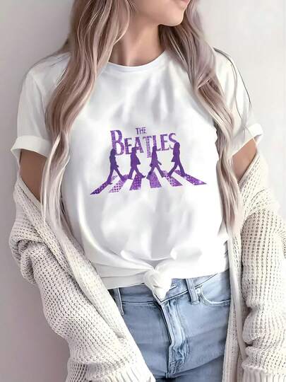 Camiseta de Mujer Inspirada en los Beatles - Estampado con el Logo Icónico y Títulos de Canciones (Let It Be/Here Comes the Sun) - Top Casual de Cuello Redondo, Ligero y Suave, de Corte Holgado para Primavera, Verano y Otoño - Ropa Casual (Talla B1) para Fanáticos de la Música. Buena calidad, cómoda y relajante.