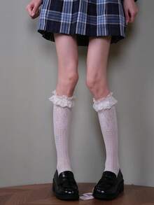 1双春夏洛丽塔复古日常过膝袜，蕾丝花卉镂空薄款小腿袜，蕾丝边饰袜，甜美学院风渔网袜，芭蕾舞荷叶边袜/性感学院风小腿袜 - 彩色 - 查看 3
