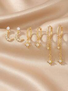 rakol 6件套优雅闪亮铜色立方氧化锆星月耳环套装，女士礼物 - 款式1 - 查看 3