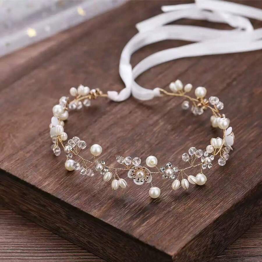 1pc Handmade Golden Pearl Flower Headband, Bridal Wedding Party Hair Accessory - Gold - View 1