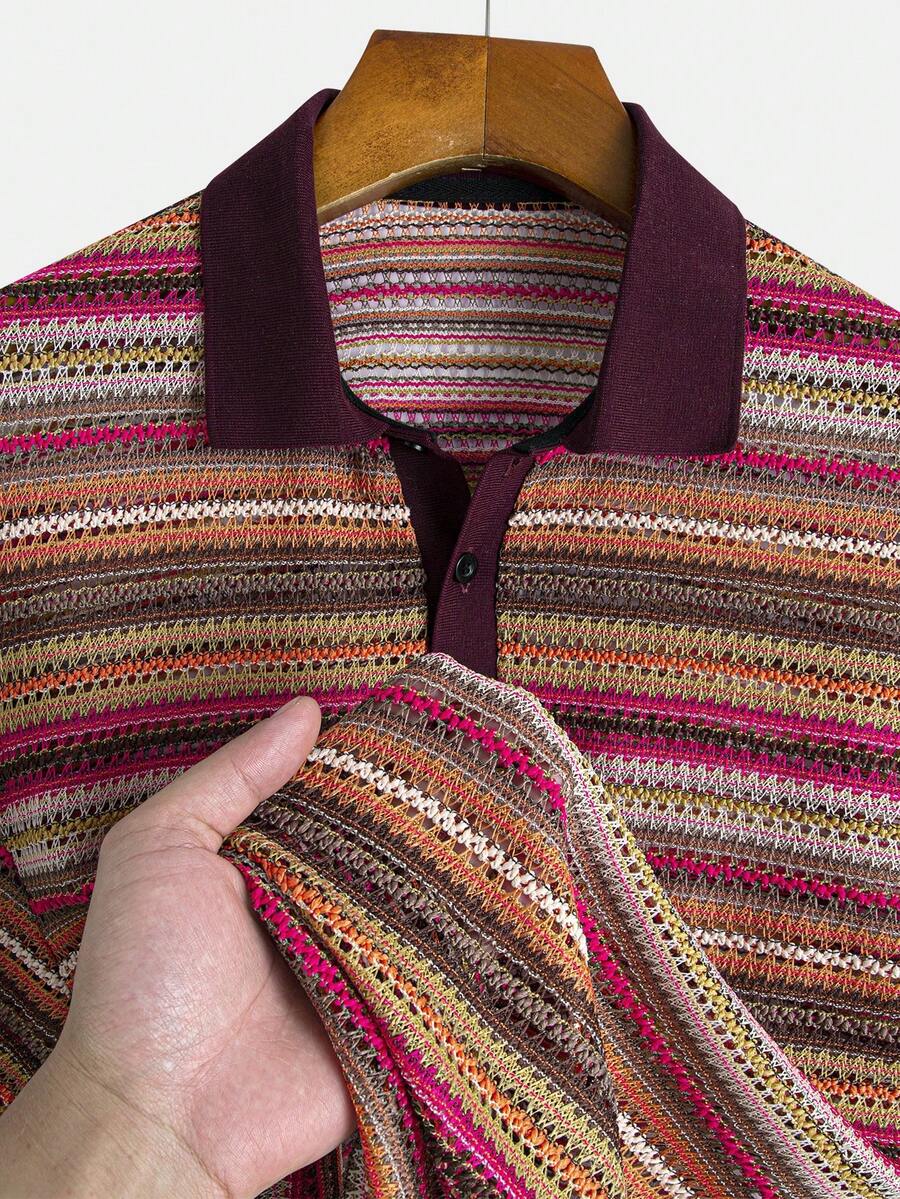 Áo polo nam mùa hè thoáng khí, kiểu dáng đường phố, chất liệu dệt kim móc tối giản, thoải mái, cổ bẻ, tay ngắn, thích hợp cho kỳ nghỉ, hoạt động ngoài trời và các dịp khác. - Nhiều màu - Xem 1