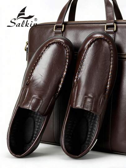 Salkin New Fashion Designer Handmade Men's Slip-On Loafers, Casual Driving Shoes, Lightweight Soft Comfortable Breathable Solid Color Shoes, Non-Slip Wear-Resistant Flat Lace-Up Leather Shoes, Versatile For Outdoor Daily Wear, Spring/Summer/Autumn, Plus Size