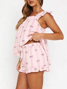 Women Summer Pajama Set Solid Flying Sleeve Tank Tops And Ruffle Shorts 2 Piece Casual Lounge Outfit - Pink - View 4