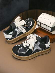 Giày thể thao trẻ em đính đá hình ngôi sao cho bé gái, kiểu dáng retro với đường may và khóa dán. - màu đen - Xem 5