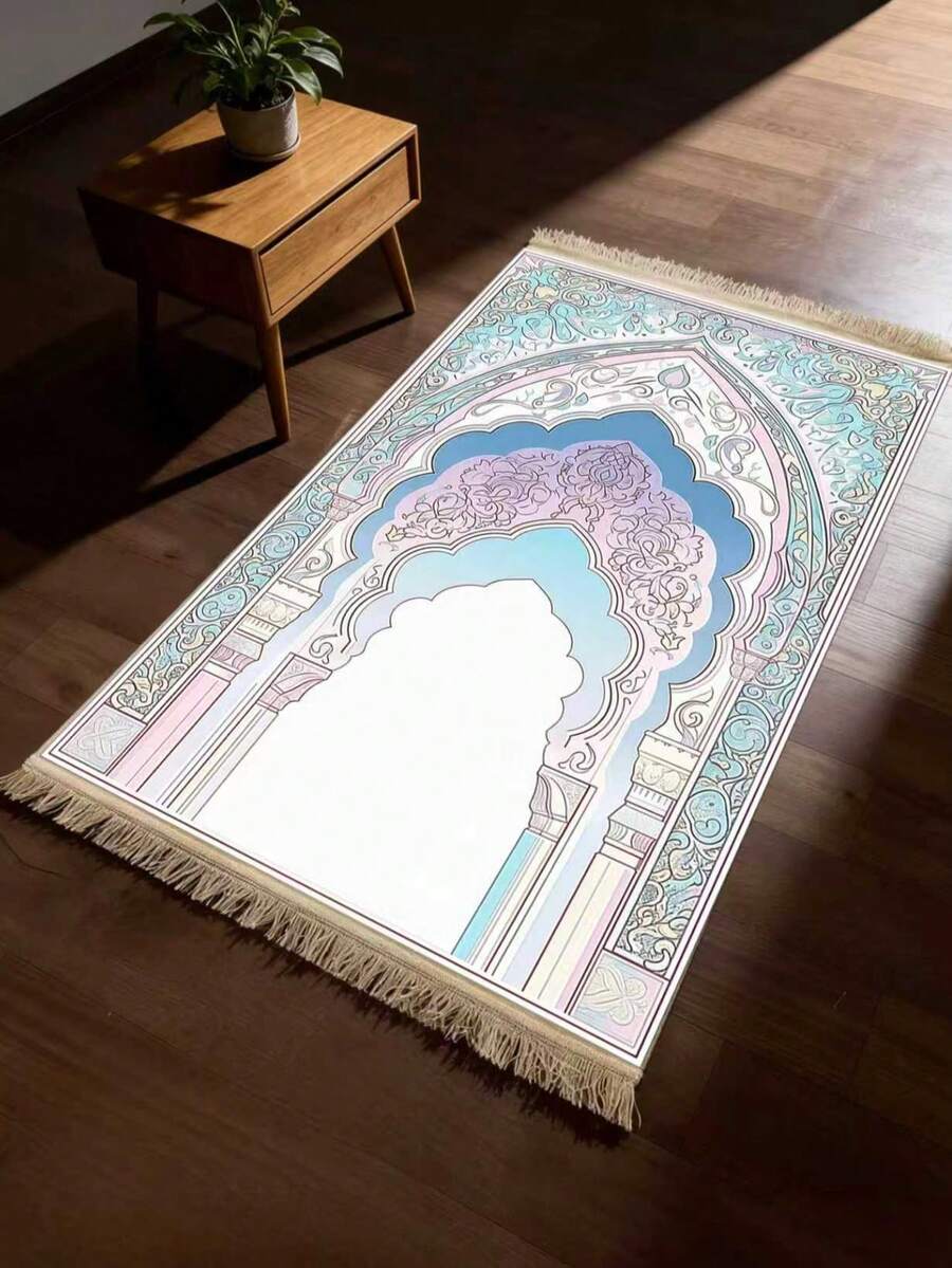 1 pieza Manta con estampado soñador de rosa y azul, manta de tiro con diseño floral, manta bohemia, alfombra con diseño intrincado, tapete con bordes con flecos - Multicolor - Ver 1