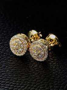 2 đôi bông tai đính đá Cubic Zirconia tròn, mạ vàng, phù hợp cho cả nam và nữ, trang sức phong cách hip hop, phụ kiện đôi cho tiệc tùng, quà tặng cho bạn gái/các cặp đôi. - Bông tai - Xem 1