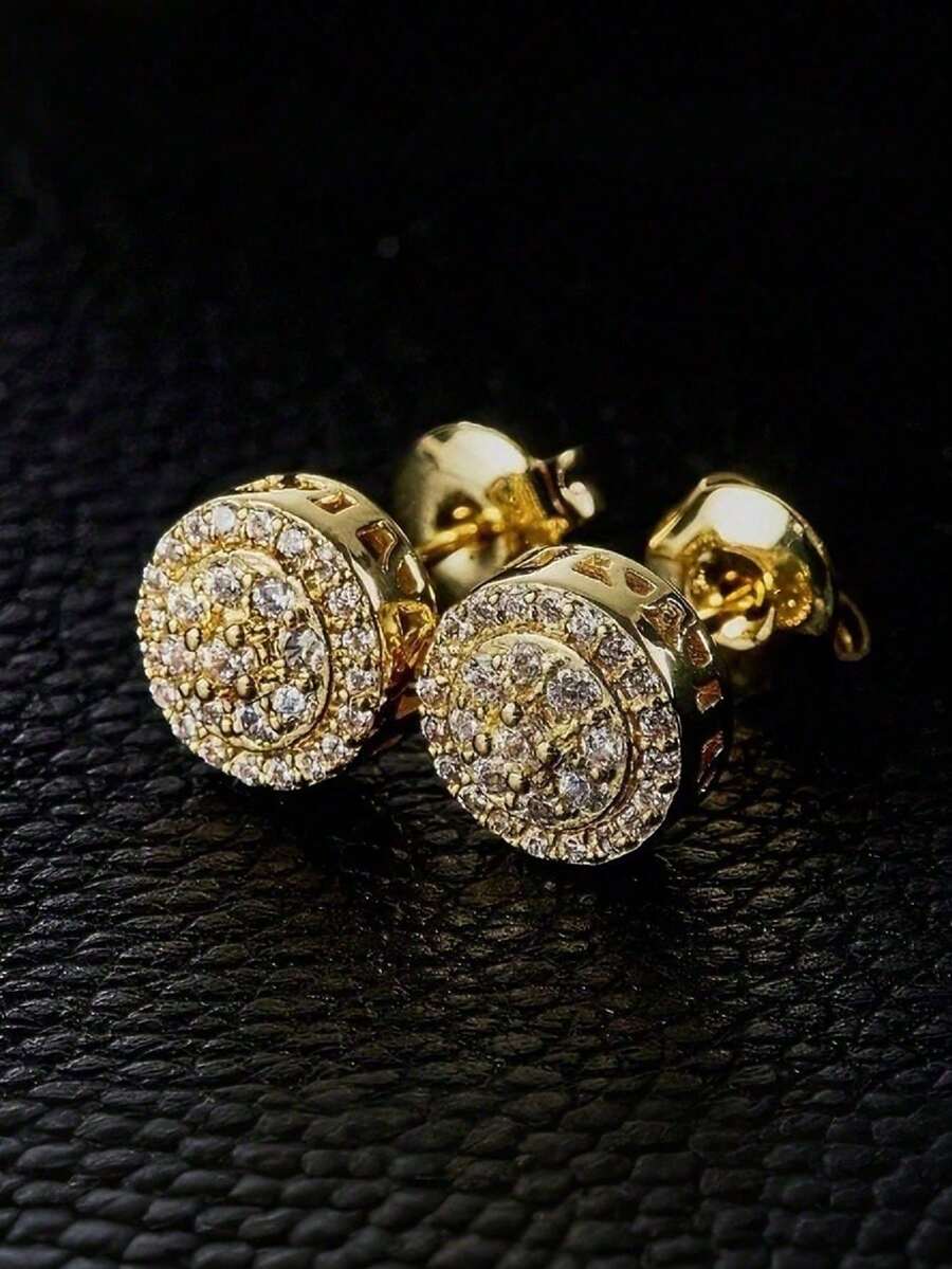 2 đôi bông tai đính đá Cubic Zirconia tròn, mạ vàng, phù hợp cho cả nam và nữ, trang sức phong cách hip hop, phụ kiện đôi cho tiệc tùng, quà tặng cho bạn gái/các cặp đôi. - Bông tai - Xem 1