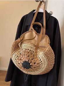 经典编织圆形沙滩单肩包，草编斜挎包，女士手提包，沙滩必备，沙滩用品，夏季必备，度假包，假日必备，旅行、度假、假日和海滩的完美之选 - 黑色 - 查看 6