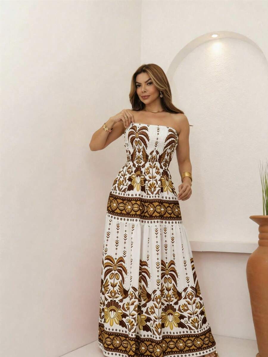 RAINBOW Strapless Long Dress Plain Printed Viscose Cheap Size 36-42 With Elastic Casual Elegant Women's For Versatile And Comfortable Looks - 65-B/焦糖 - 查看 1