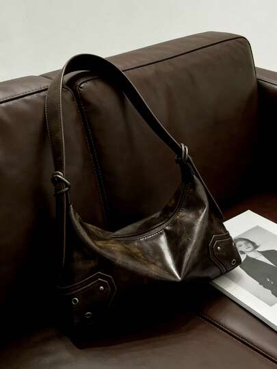 1 件纯色 PU 皮包，时尚英伦复古图案风格女士包 Y2k 辣妹摩托车风格单肩包腋下包非常适合女孩、女士、学生、职场新人、白领、通勤、学校郊游