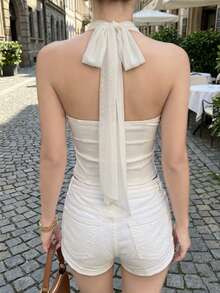 Women's Solid Color Halter Tie-Up Sexy Versatile Casual Top White Summer - White - View 6