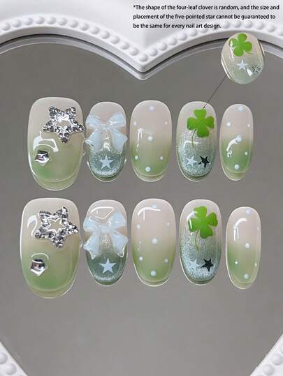 10片手工短椭圆美甲贴纸，渐变法式美甲，绿色美甲，猫眼美甲，可爱美甲，圣帕特里克节主题中椭圆美甲贴纸，幸运美甲，可爱波点美甲，饰以水钻五角星、白色蝴蝶结和幸运草，适合女性和女孩，节日和春季美甲用品