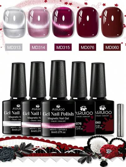  6件装 MSRUIOO 8ml 紫红色凝胶和磁性凝胶套装，当季流行色 UV LED 美甲油套装