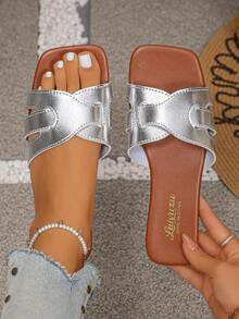 女士H型趾环拖鞋，柔软平底，方头设计，百搭休闲夏季拖鞋 - 銀色 - 查看 16