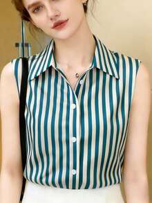 Women's Sleeveless Button-Up Shirt, Striped Pattern Loose Fit Summer Top, Elegant Collar, Machine Washable For Casual Or Formal Occasions, Opaque Fabric, Single-Breasted Blouse - Dusty Blue - View 8