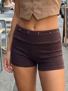 Mini Shorts For Women Low Rise Fashion Rivet Decor Decor Hot Pants Summer Fold Over Waistband Micro Shorts - Chocolate Brown - View 3