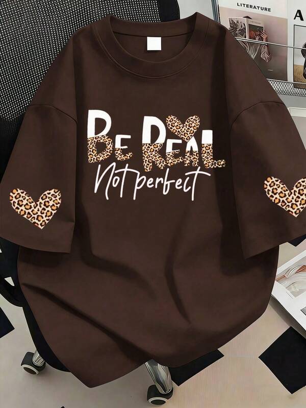 Leopard Print & Slogan Graphic Round Neck Casual Plus Size Women Summer Top