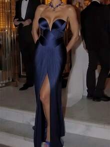 Temperament Advanced Sense Solid Color Tube Top Dress Fashion Sleeveless Split Dress Sexy Woman - 藍色 - 查看 3