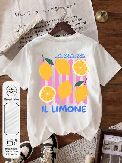 Áo thun nữ cỡ lớn tay ngắn cổ tròn in hình chanh tươi mát, kiểu dáng thường ngày, thích hợp mặc mùa hè; Áo thun trắng nữ thời trang và đa năng in hình sọc hồng.
