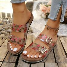 Transparent Plum Blossom Print Soft Bottom Slippers, Casual & Fashionable Sandals, Adjustable Strap, Slip-On, Flat Slides, Suitable For Teenagers, Couples, Women, New Arrival, Outdoor, Sports, Beach Shoes, Soft Sole & Upper, Suitable For Party, Office, Lightweight, Elegant, Minimalist, Comfortable, Casual, Party, Daily, Travel, Wedding, Camping, Pride, Essential For Summer & Autumn, Gift, Sexy, Outdoor, Retro Design, Slip-On, Women, Shoes - Transparent Rose - View 4