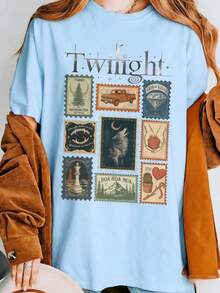 Vintage Twilight Movie Women T-Shirt, Retro Vampire And Wolves Graphic Tee, Y2K Oversized Classic 2000s Film Aesthetic Apparel, GothicHorror Romance - 藍色 - 查看 2