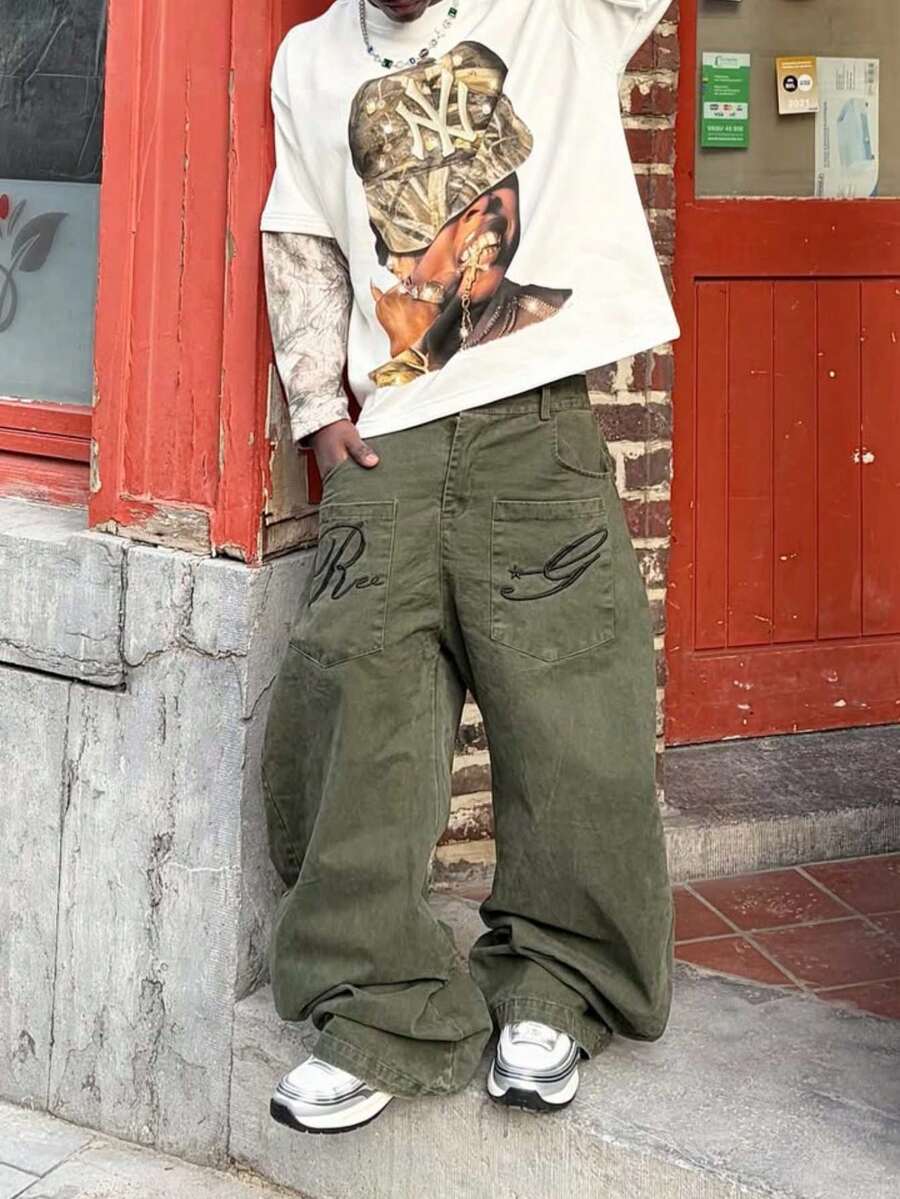 水洗军绿色阔腿牛仔裤,做旧褪色复古嘻哈街头风宽松直筒裤 - 軍綠色 - 查看 1