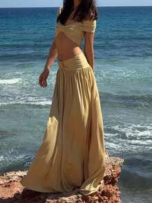 PoPoHouse Women's Elegant Two Pieces Set Sexy Off Shoulder Ruched Crop Top & High Waist Flowy Maxi Skirt For Summer Beach Vacation Party Wedding Guest Going Out Outfit Light Yellow Two Pieces Set - Light Yellow - View 4