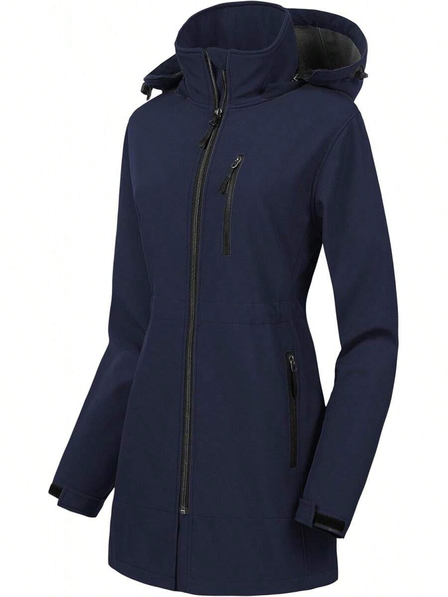 Women's Waterproof Long Trench Coat Fleece Lined Softshell Jacket Lightweight Hooded Raincoat Warm Windbreaker For Outdoor Running Hiking - Navy - 查看 1