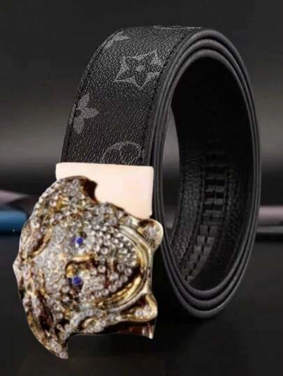 Luxury Designer Inspired Belt For Men - Bling Crystal Medusa Head Buckle, Black Monogram Pattern Automatic Waist Belt