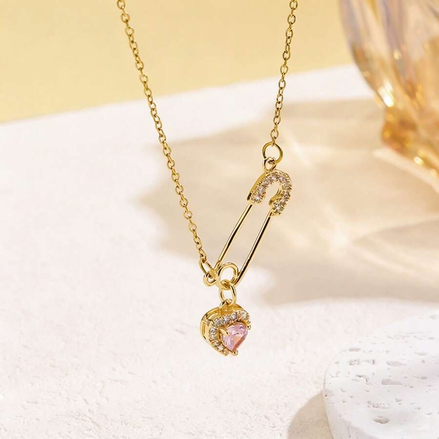 1pc Fashion Safety Pin Necklace, Pink Heart Pendant, Stainless Steel Chain, Copper Pendant Inlaid With Quality Rhinestones, Gift For Women, Daily Wear - Pin - View 1