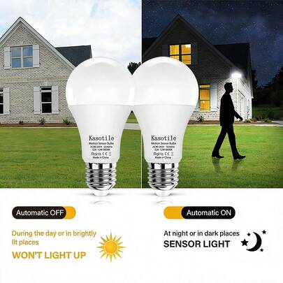 Bóng đèn LED hình quả lê Kasotile (1/2 chiếc) - Cảm biến chuyển động trong nhà, 12W, tự động bật/tắt, 1200 Lumens, đế đèn E26 Edison; Tuổi thọ cao, không nhấp nháy, đèn LED thân thiện với mắt (80-265V)
