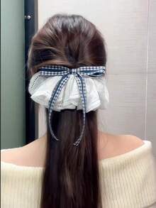 1pc Women's Blue & White Plaid Lace Bow Hair Clip, Spring/Summer Collegiate Style Ribbon Hair Accessory - Multicolor - View 3