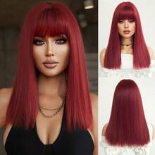 7JHH WIGS High Quality Shoulder Length Straight Wigs For Women 16 Inch Elegant Purple Red Wigs With Bangs, Soft Silky Heat-Resistant Synthetic Fiber Hairpiece For Daily Wear, Costume Cosplay & Music Festival Use, Graduation Gift & Mother's Gift Wig Accessory - 中紫紅色 - 查看 12