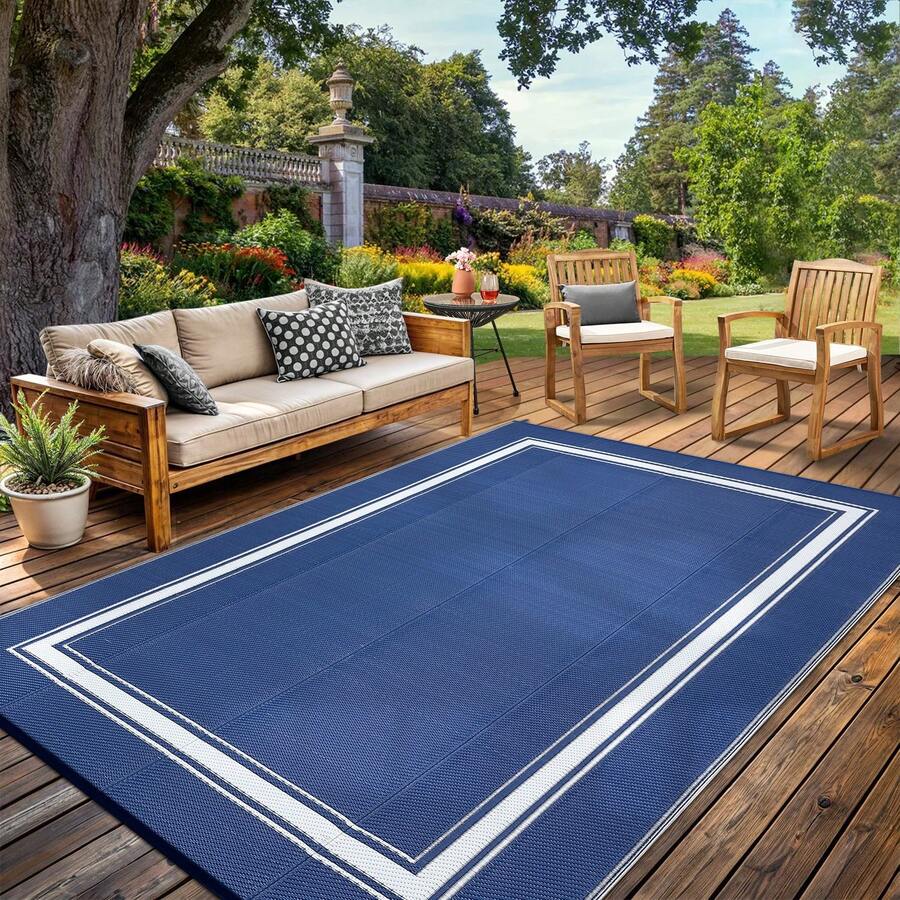 Outdoor Rug Waterproof Double-Sided Mat With Border Comes With 4 Pegs And Storage Bag Washable Garden Decor Rug For Balcony Patio Camping RV Picnic Beach - Dark Blue and White - View 1