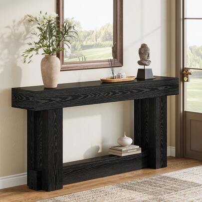 LITTLE TREE 160cm 2-Tier Wood Console Table Narrow Long Farmhouse Entryway Table For Living Room Hallway Entrance