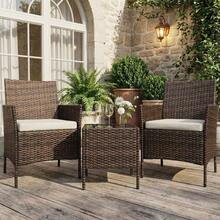 3PCS Outdoor Patio Bistro Set, PE Rattan Wicker Armchairs With Water-Resistant Cushions & Tempered Glass Coffee Table, All-Weather Conversation Set For Garden, Backyard, Porch, Poolside,Brown+Beige - Brown+Beige - 查看 8