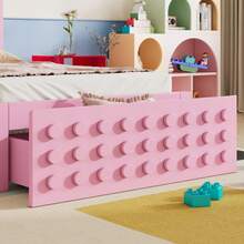 Wooden Single Bed 90x190 Cm, Children's/Youth Bed With Creative Block Design, Solid Wood Bed Frame With Slatted Base, With Drawers & Under-Bed Storage, Pink, Mattress Not Included - Pink - View 8