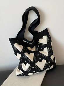 针织编织单肩包 夏季沙滩包 百搭拍照爱心图案包 休闲旅行大容量手提包 假日必备 - 彩色 - 查看 10