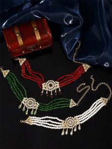 1 Set Gold Plated Crystal Choker Necklace & Maang Tikka Set With Detachable Brooch, Pakistani Bridal Jewelry For Party & Wedding - Gold - View 2