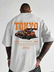Camiseta informal de manga corta, cuello redondo, estampado de letras de carreras, talla grande para hombre. - Blanco - Ver 7