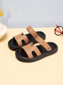 1双男女通用新款简约设计套脚平底可爱凉鞋，软底防滑儿童休闲拖鞋，夏季百搭 - 卡其色 - 查看 4