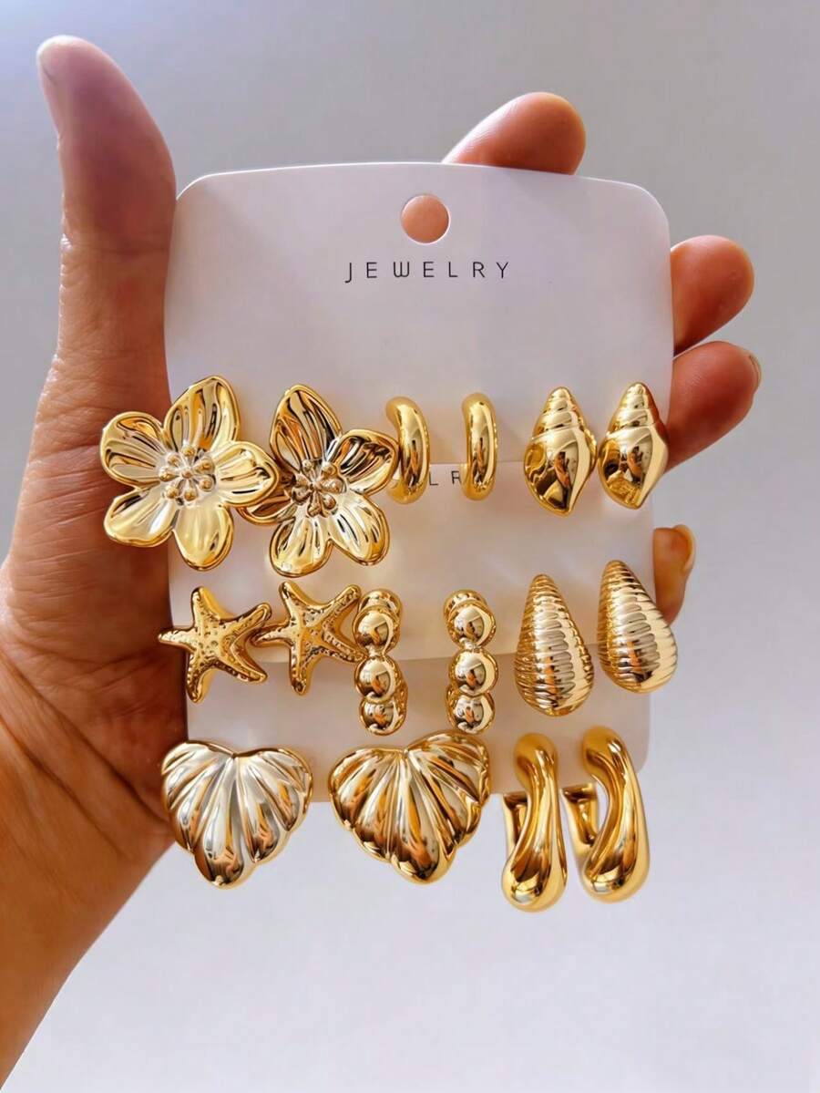 2-8 pares de pendientes dorados con relieve para mujeres, que golpean directamente el punto estético - patrón de concha, flores retorcidas, pliegues metálicos, cada par viene con un filtro lujoso... Excelente calidad, que combina bien con abrigos y suéteres, de moda y versátil